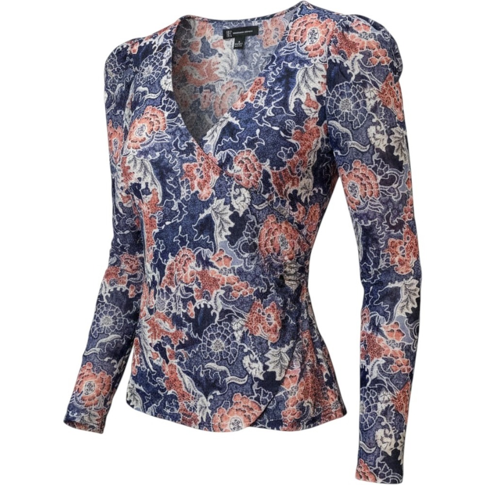 INC Faux Wrap Top Womens Small Floral Puff Sleeve Mesh Whimsigoth Romntic